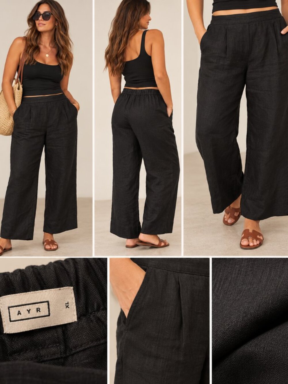 AYR The Al Fresco Black 100% Linen Wide Leg Pull On Pants XL